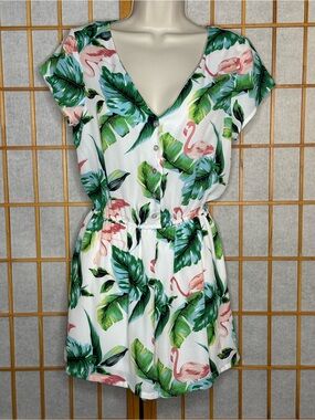 As U Wish Tropical Flamingo Print Romper in White, Green & Pink